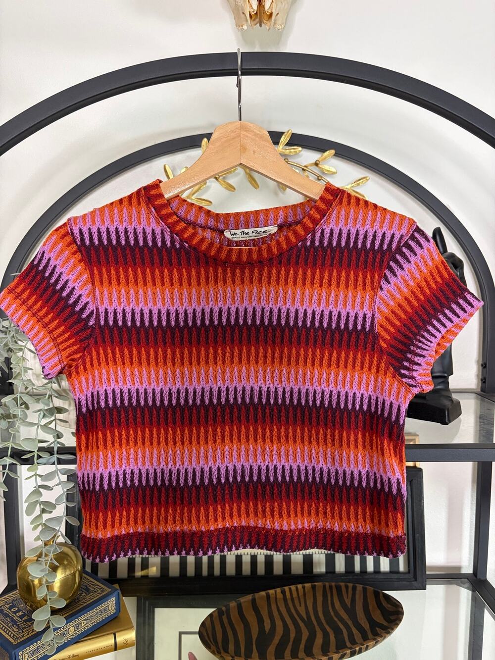 Free People We The Free XS Cropped Knit Top Orange Purple Striped Short Sleeve
